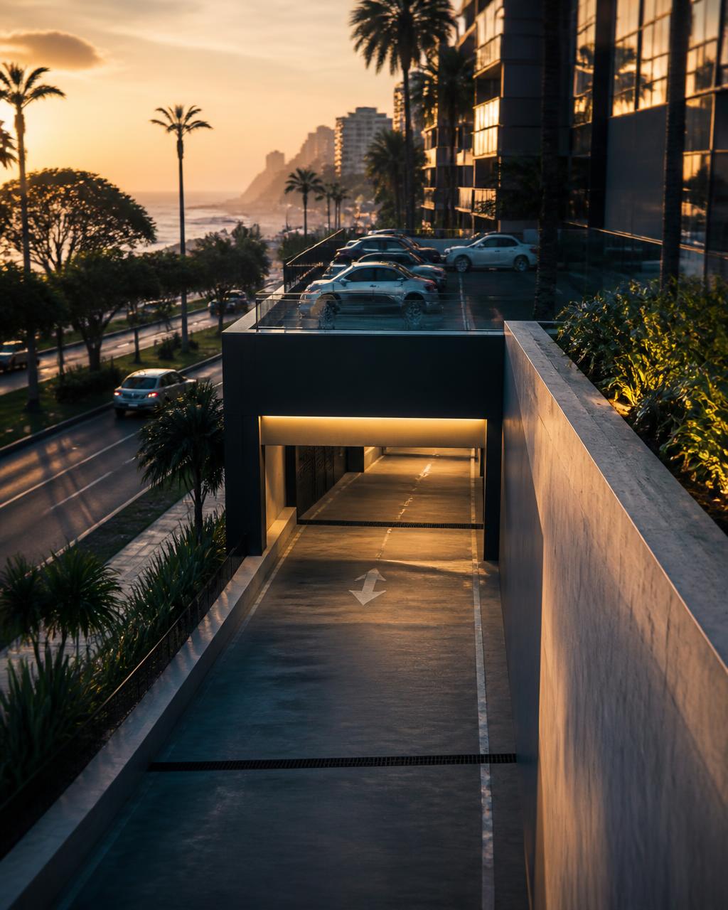 Entrada de una playa de estacionamiento techada en Miraflores al atardecer